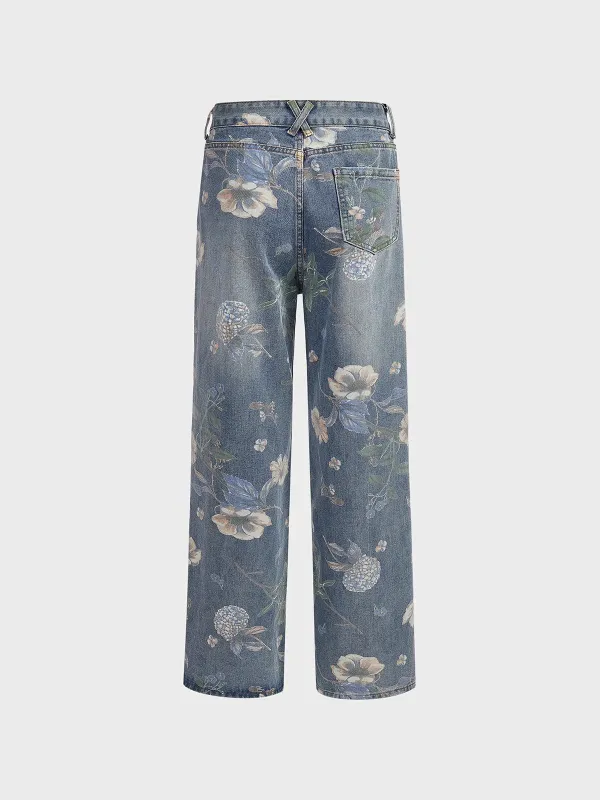 Denim Floral Straight Pants Jeans