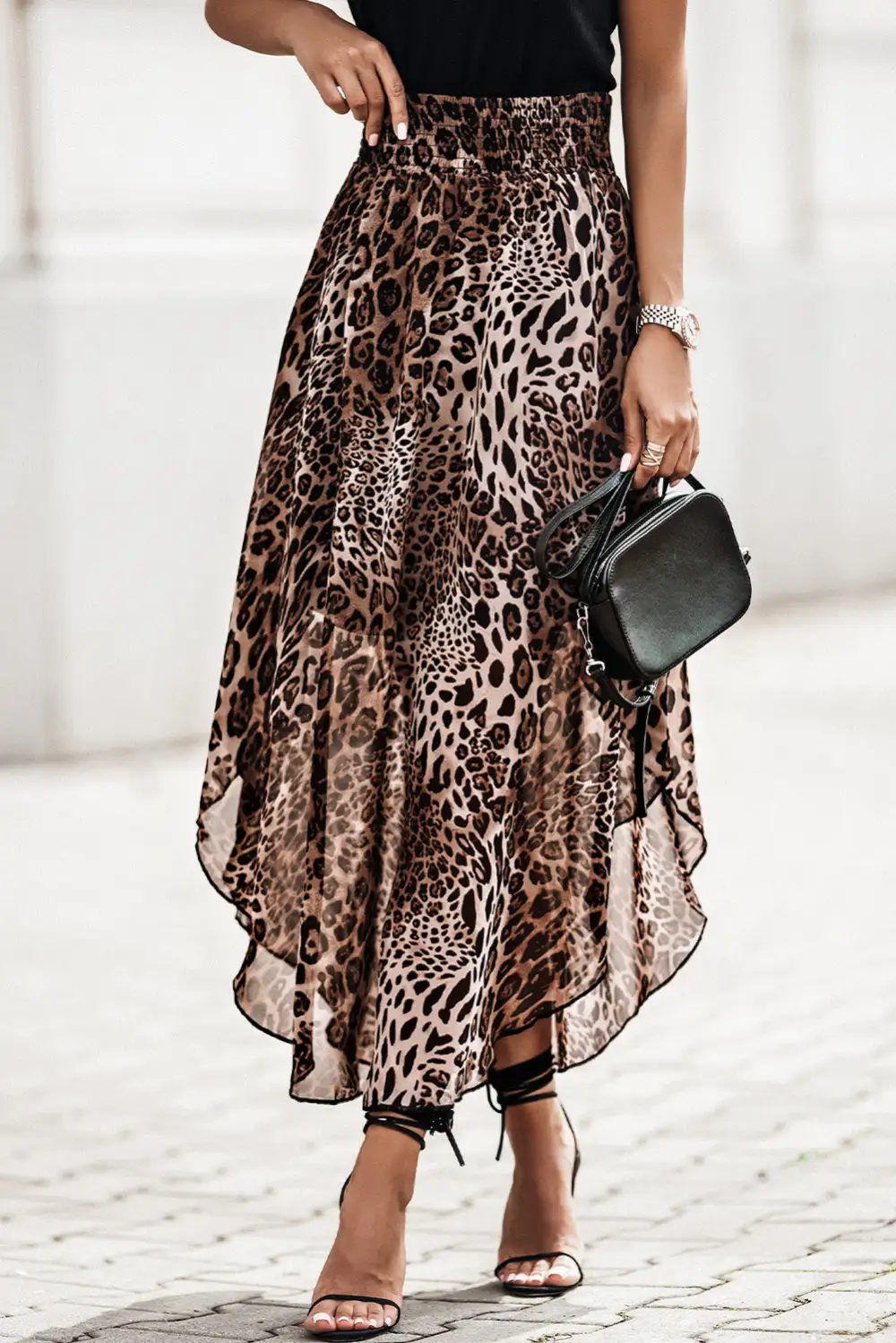 High Waist Leopard Smocked Skirt