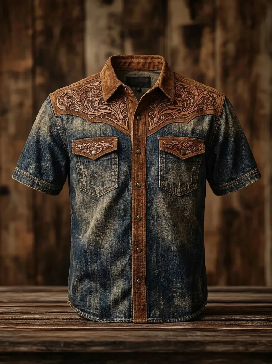 Men's Western Cowboy Floral Tooled Leather Print Denim Shirt-2