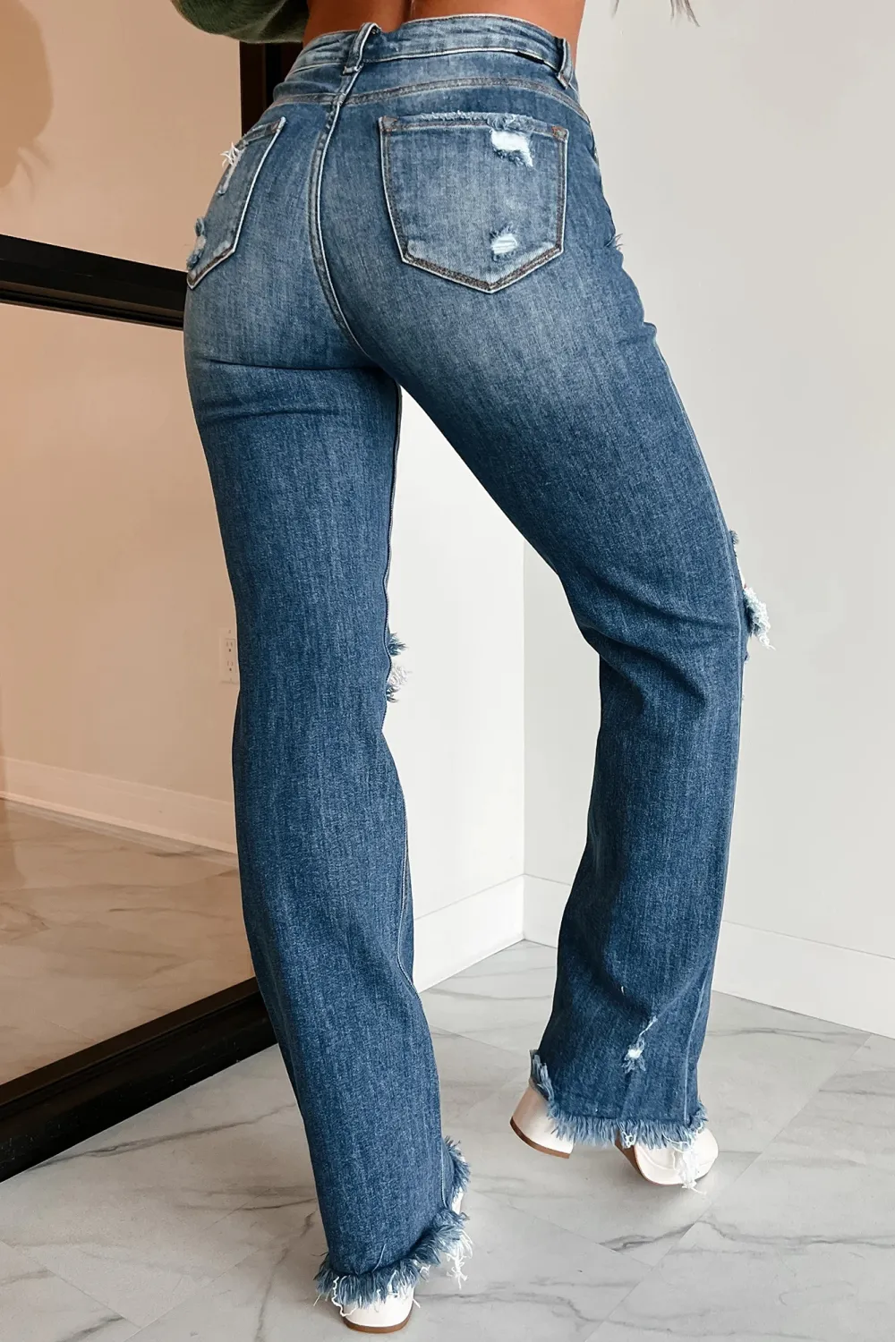 High Rise Distressed Risen Straight Leg Jeans