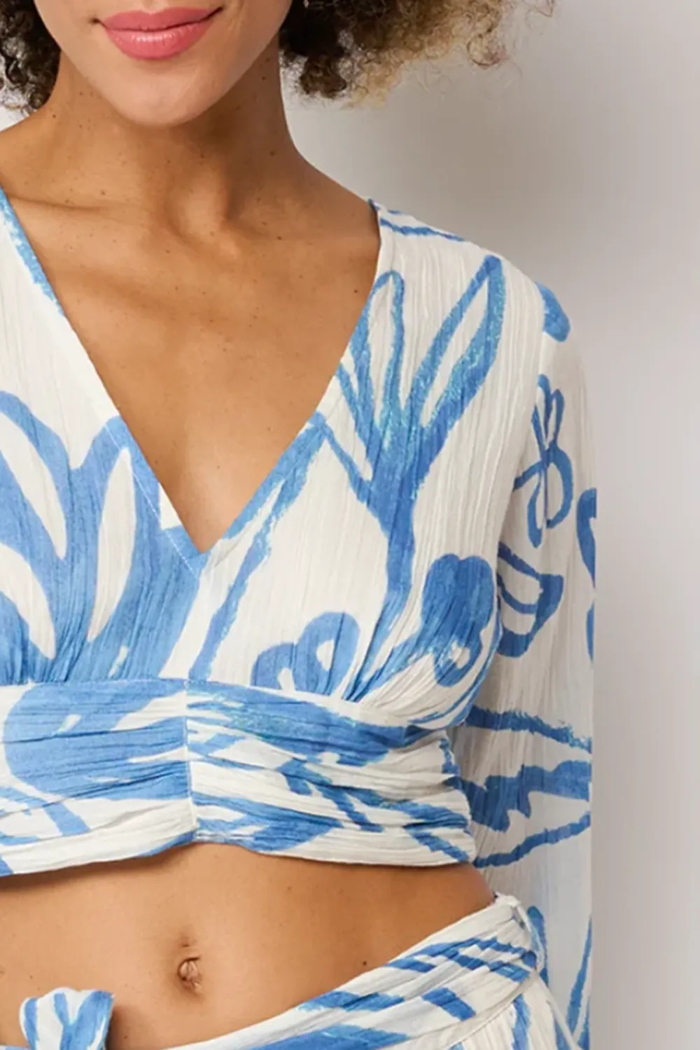Blue And White Abstract Print Wrap Crop Top