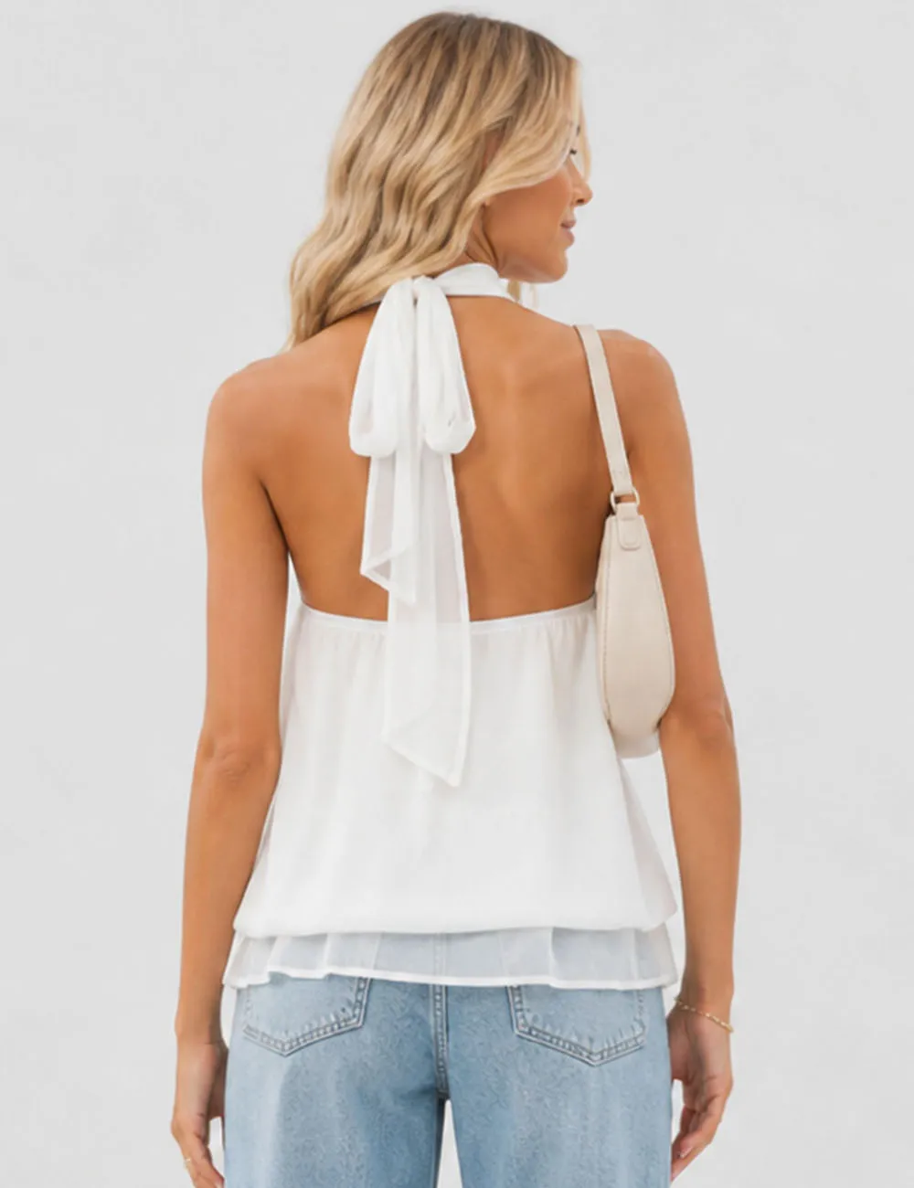 Chiffon Stand Neck Solid Color Ruffle Hem Sleeveless Top