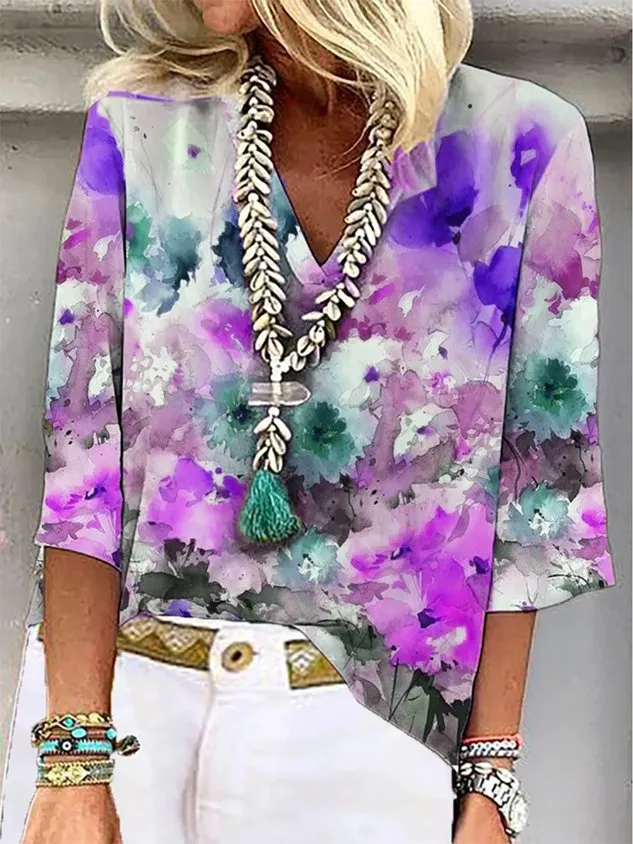 Casual Floral Loose V Neck Three Sleeve Quarter Top