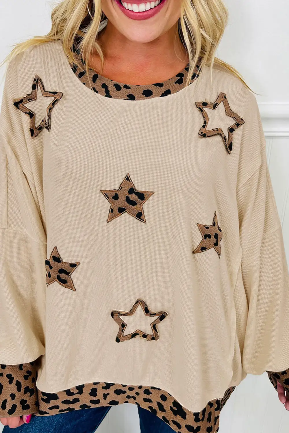 Everyday Relaxed Leopard Print Star Accent Patchwork Sweatshirt