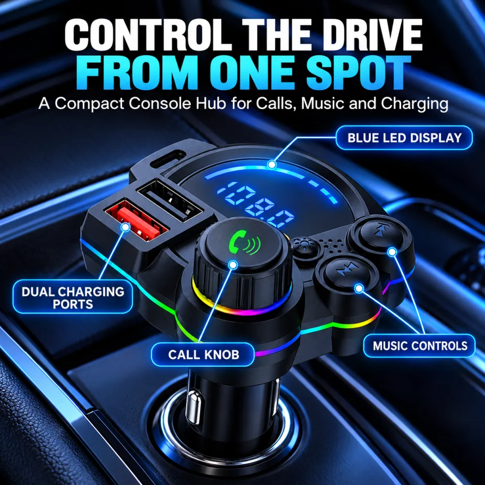Universal Dual-Port Car FM Bluetooth Transmitter – Wireless Music, Hands-Free Calling & Dual USB Charger