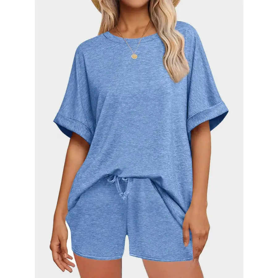 Round Neck T Shirt and Drawstring Shorts Set