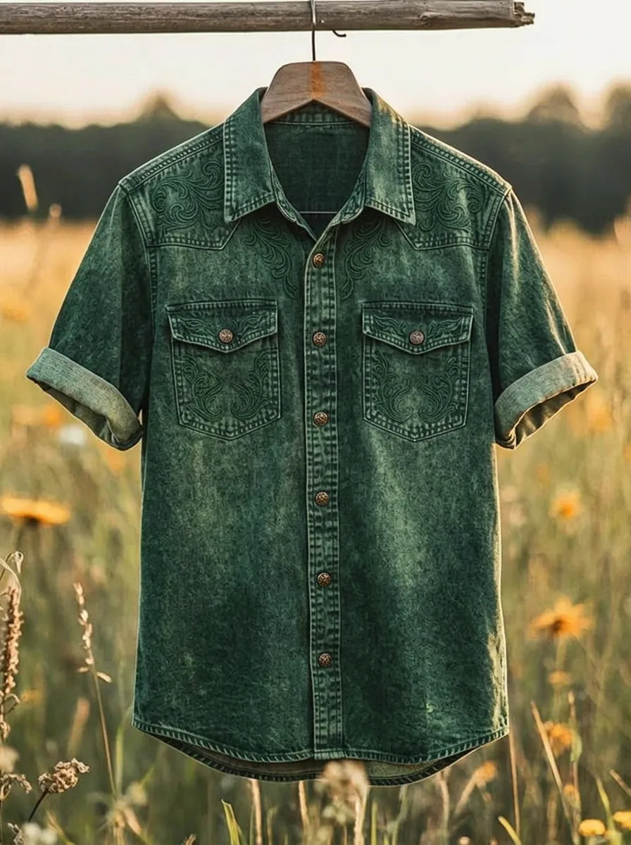 Men's Western Style Floral Embroidered Acid Wash Printed Shirt