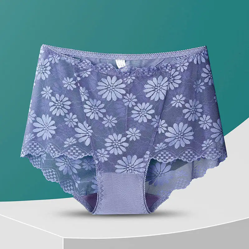 Plus Size High Waist Lace Trim Breathable Panty