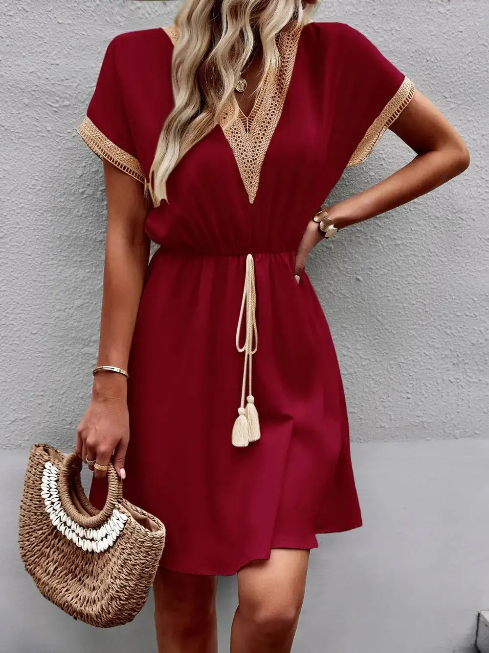 Contrast Trim V Neck Short Sleeve Mini Dress