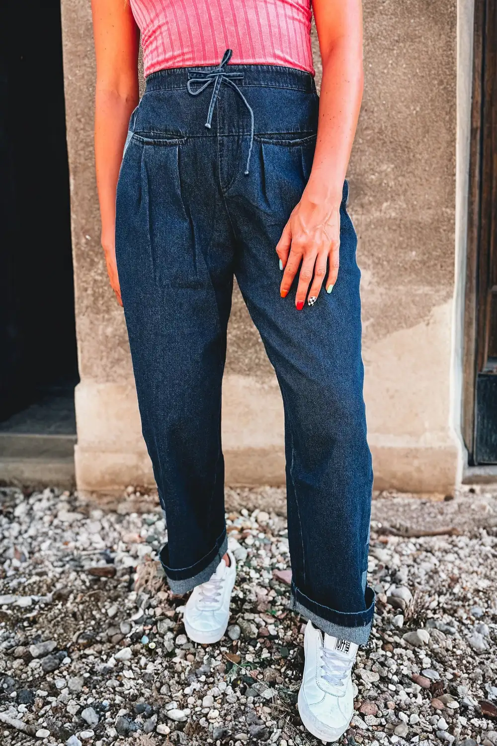 Loose Drawstring Checkered Side Panel Patchwork Jeans