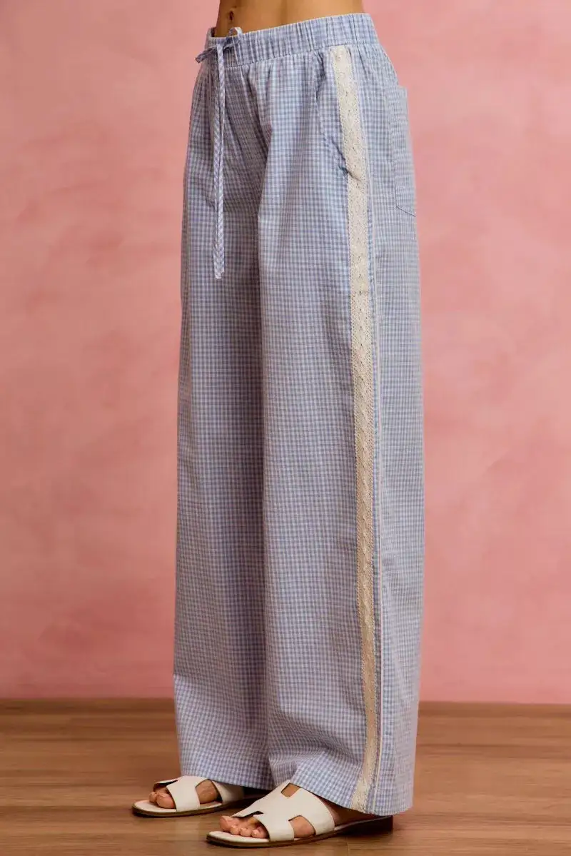 Wide Check Pants with Side Lace Trim and Piping