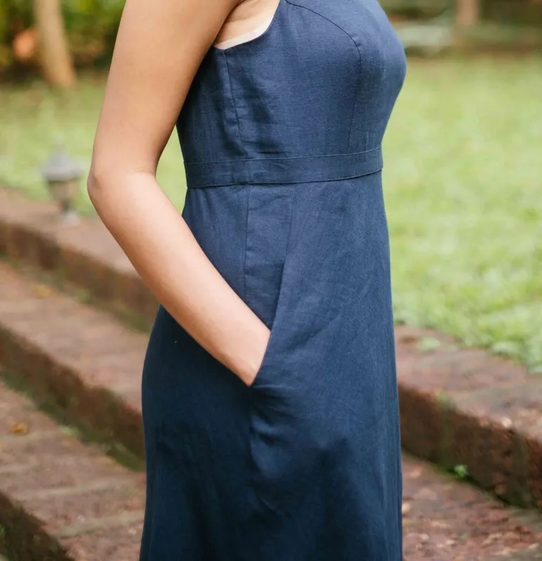 Indigo Blue Linen Cutaway Maxi Dress