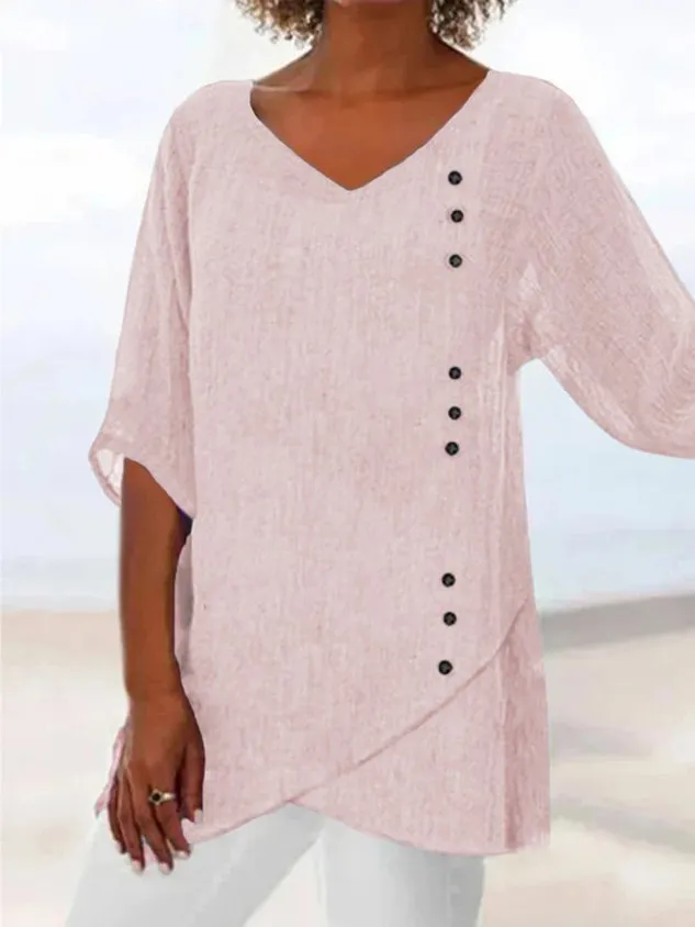 Casual Three Quarter Sleeve V Neck Tunic Top