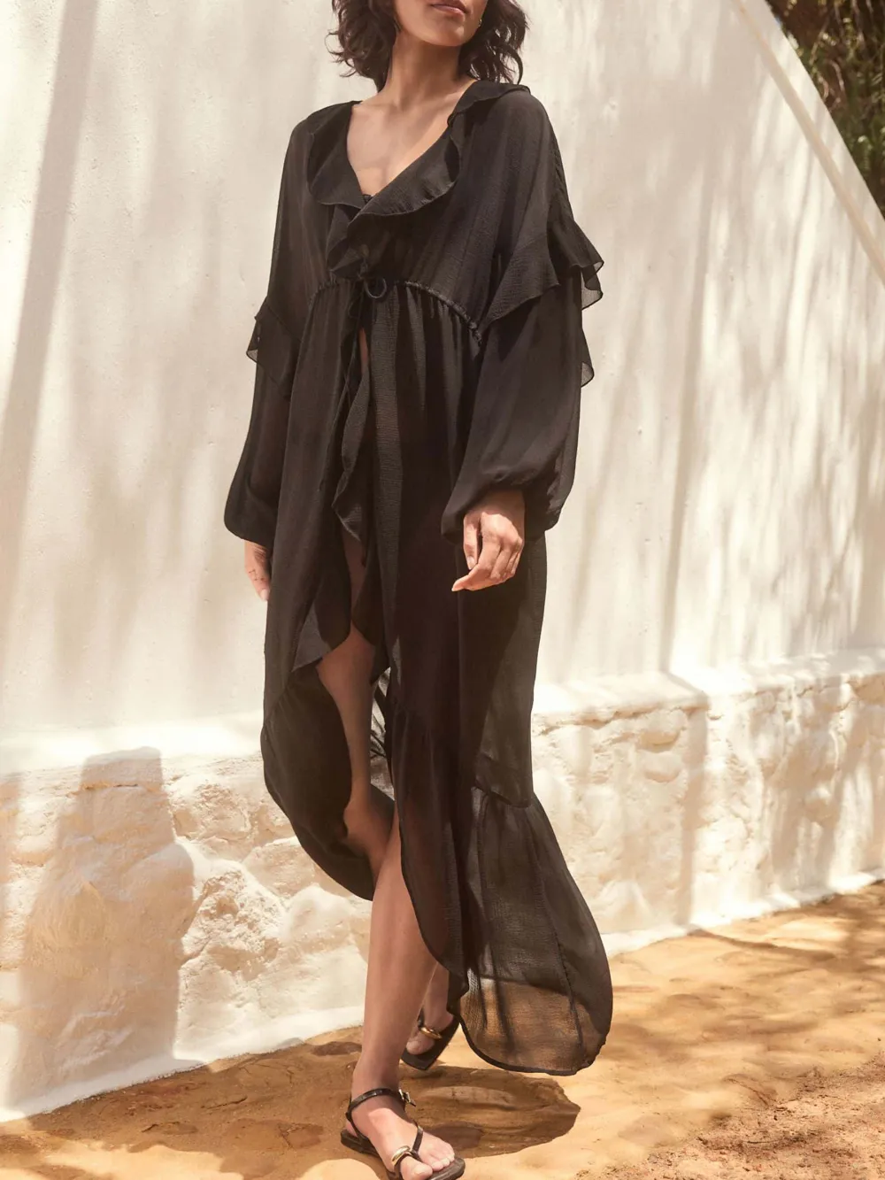 Black Transparent Pleated Long Cardigan