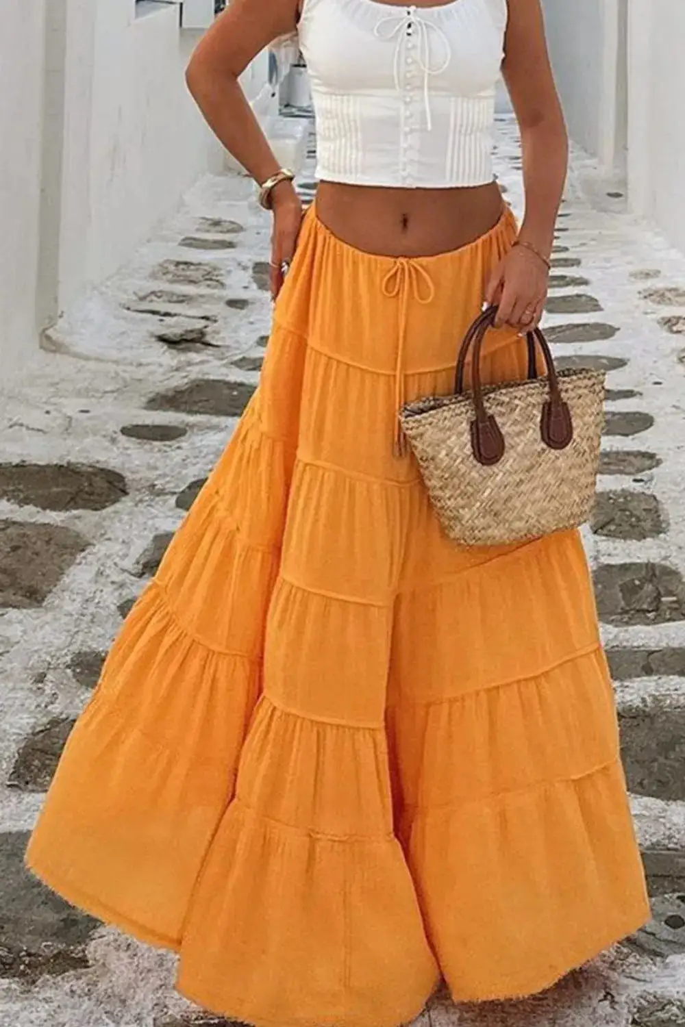Everyday Tiered Drawstring Maxi Skirt