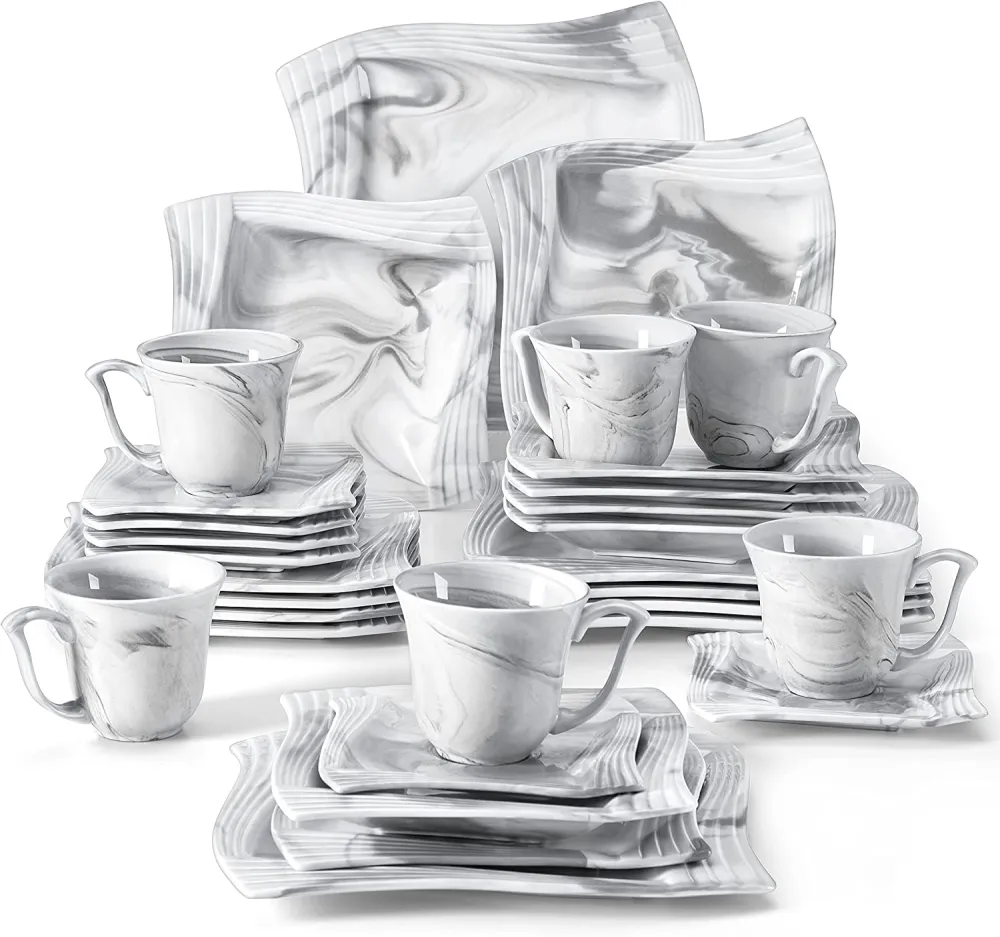 MALACASA Dish Set for 12, 60 Piece Marble Grey Square Dinnerware Sets, Porcelain Dinner Set with Plates and Bowls Sets, Cups and Saucers, Dishware Sets Kitchen Dishes Microwave Safe, Series Blance