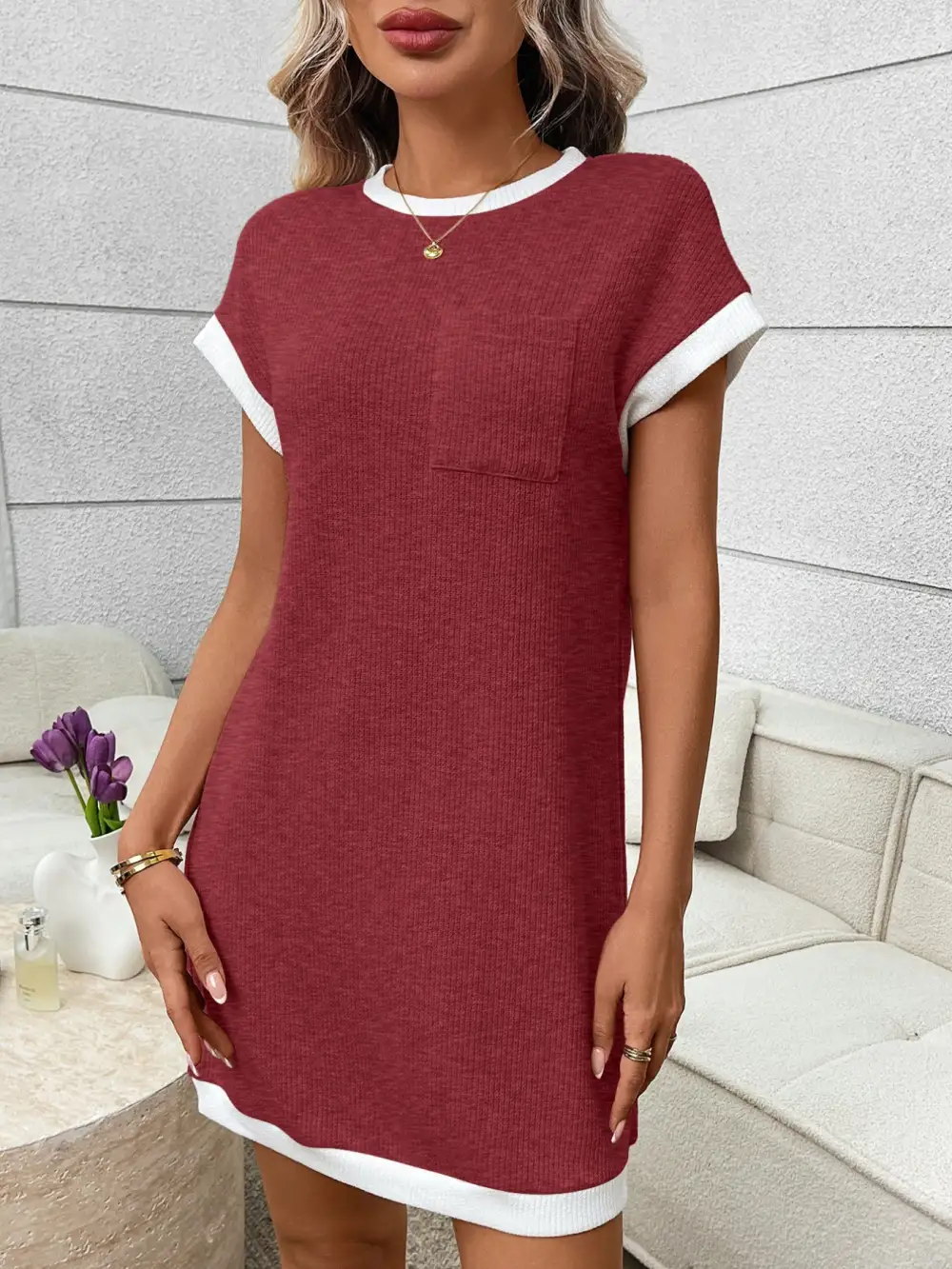 Ribbed Knit Pocketed Mini Dress
