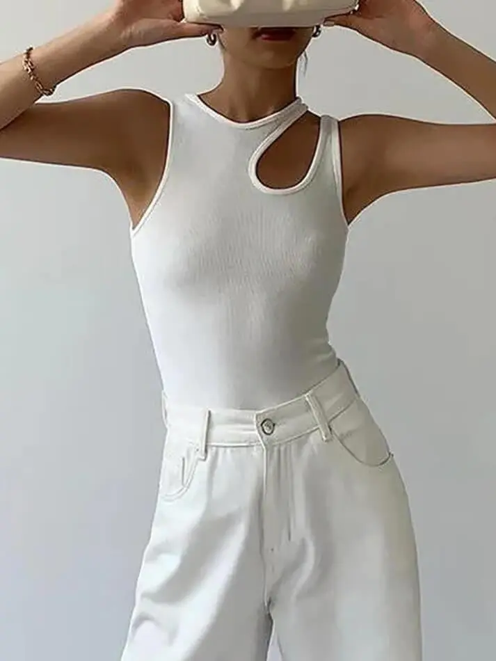 Asymmetric Crew-Neck Ribbed Sheer Tank Top