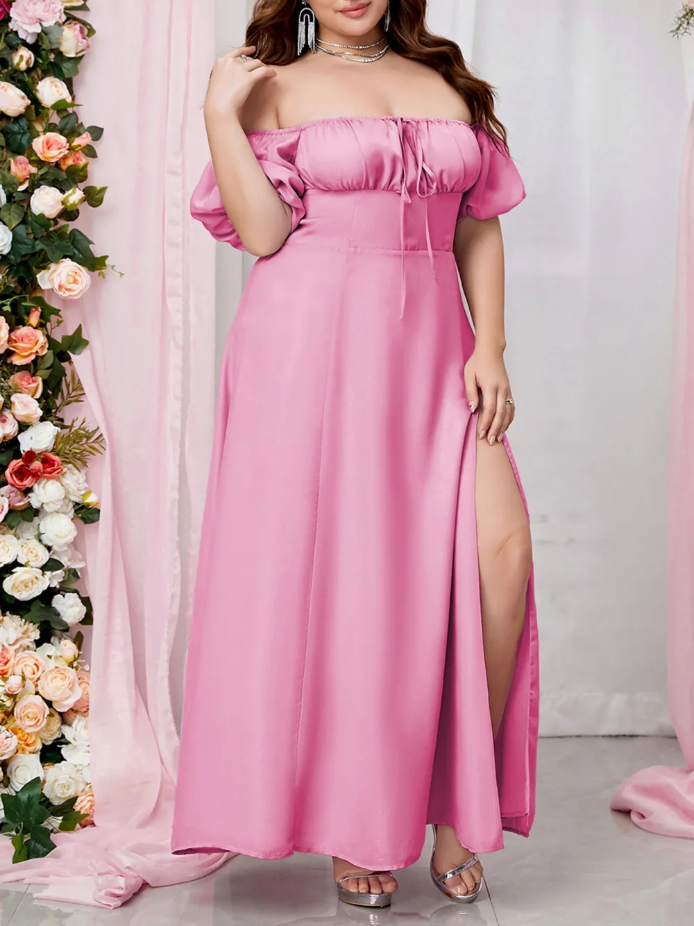 Strapless Dress With Puff Sleeves And High Slits Long Dress Plus Siz