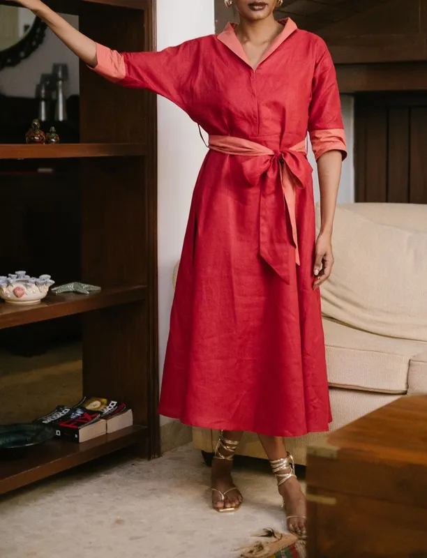 Rust Orange Linen Flared Dress