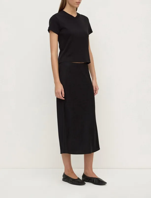 Black Bias-Cut Silk Midi Skirt