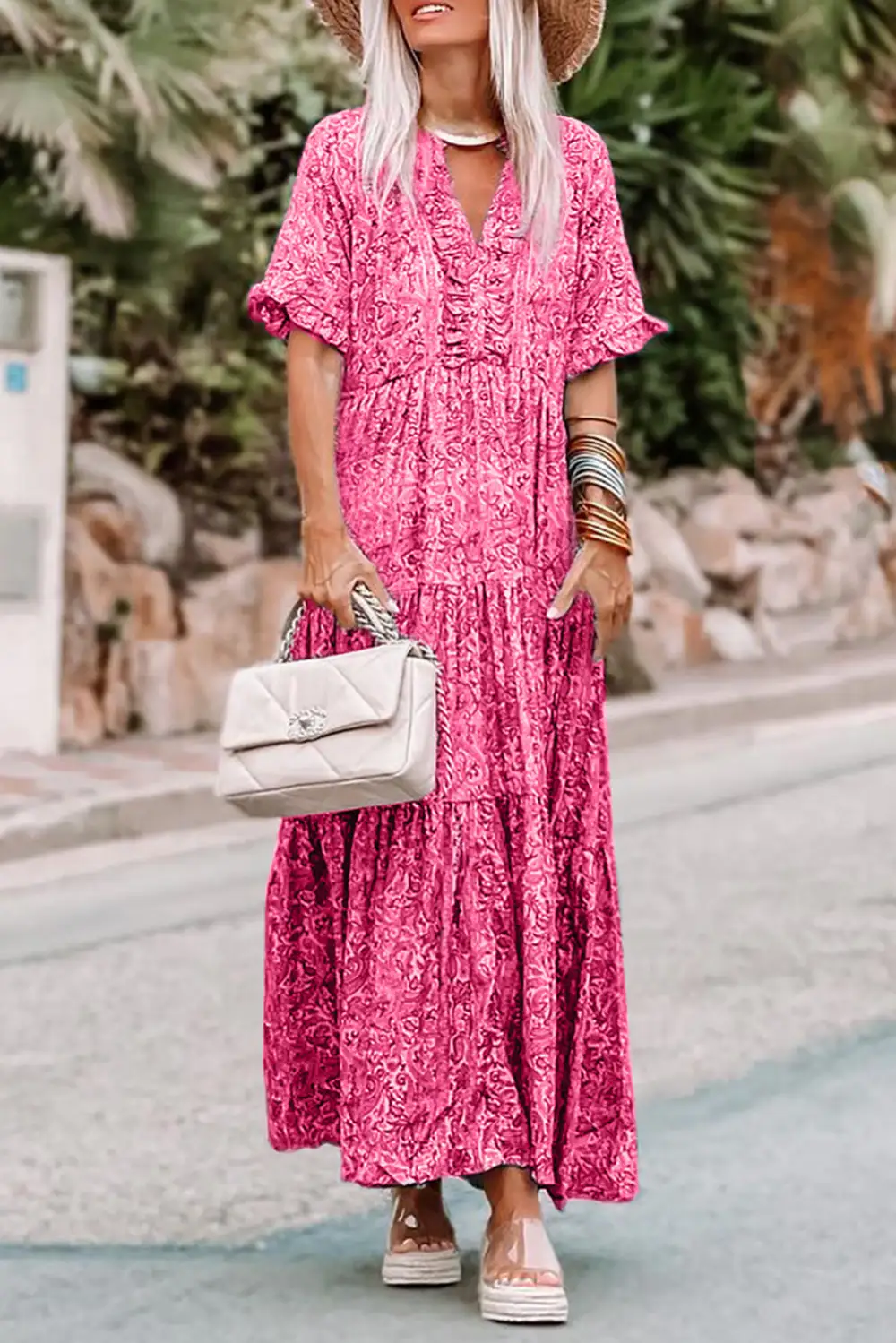 V-Neck Holiday Ruffle Tiered Maxi Dress
