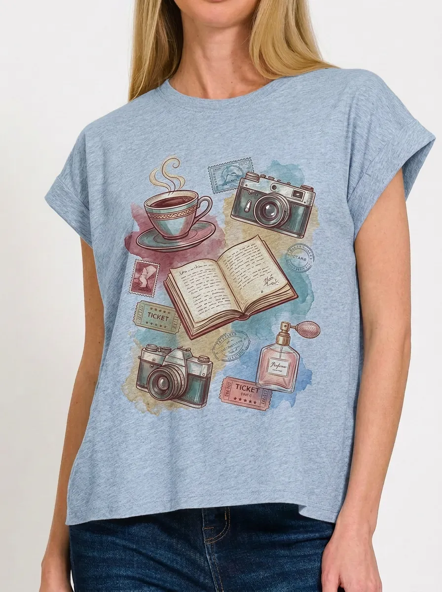Women's Travel Hobbyist Vintage Camera Book Coffee Printed T-shirt