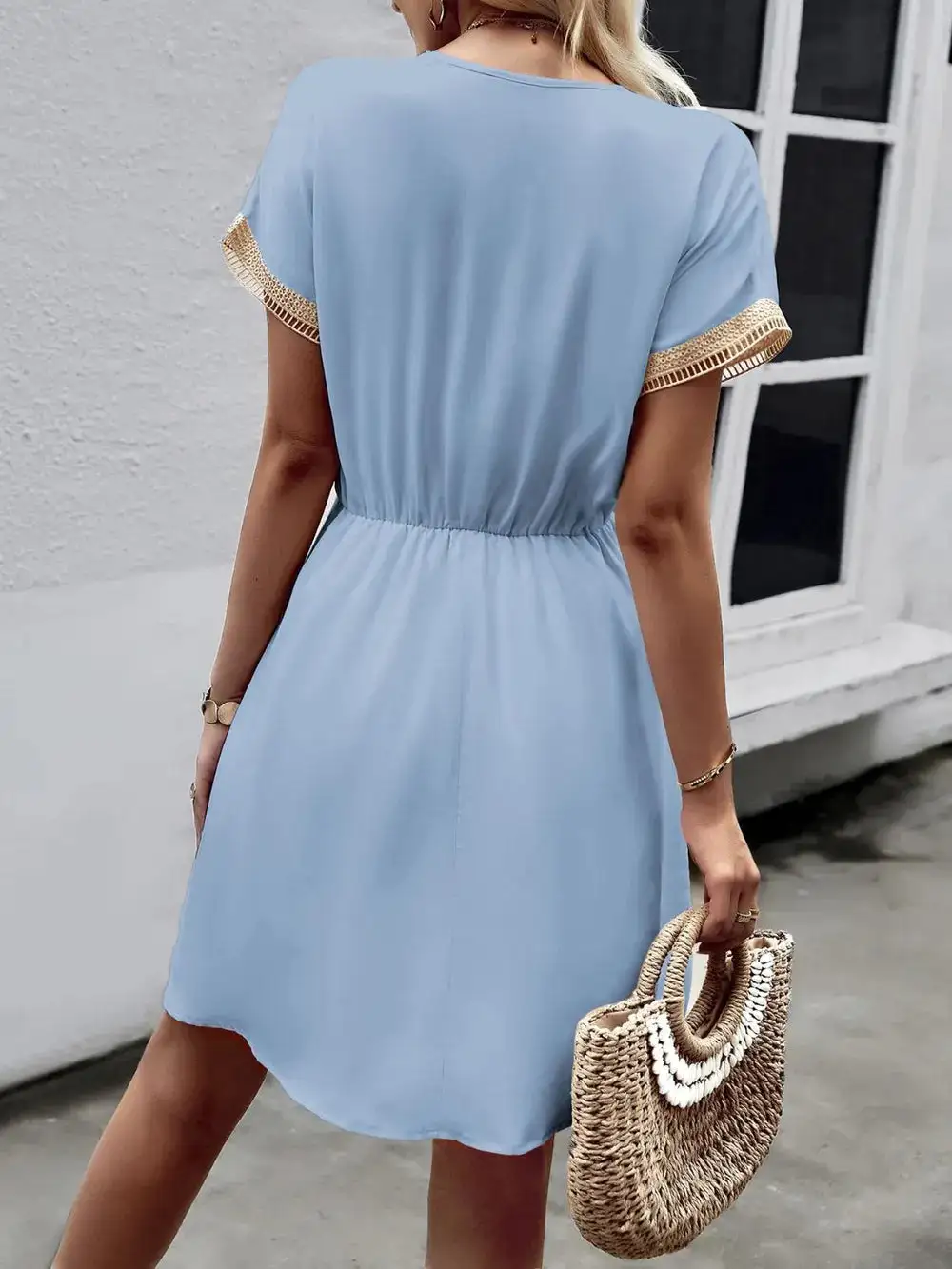 Contrast Trim V Neck Short Sleeve Mini Dress