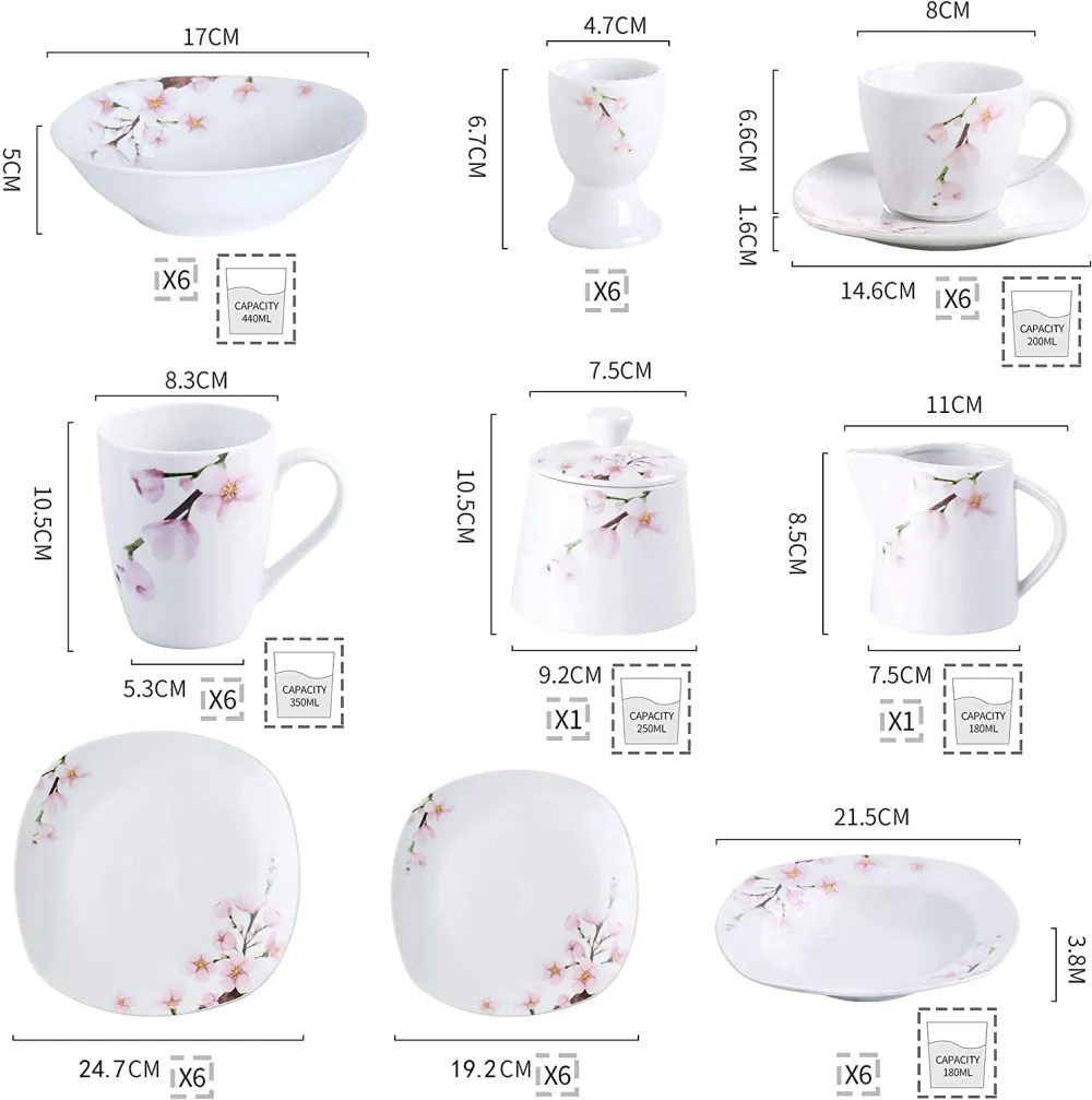 VEWEET, Series Fiona, 100-Piece Plates and Bowls Sets for 12, Including Porcelain Dishes Sets, Bowls, Mugs, Egg Cups, Cup and Saucer Set, Milk Jug and Sugar Pot Set, Microwave and Dishwasher Safe