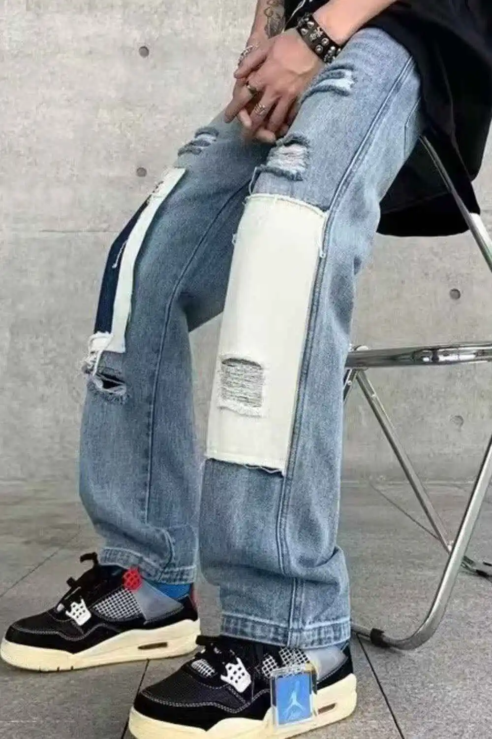 Ripped Patchwork Wide Leg Jeans