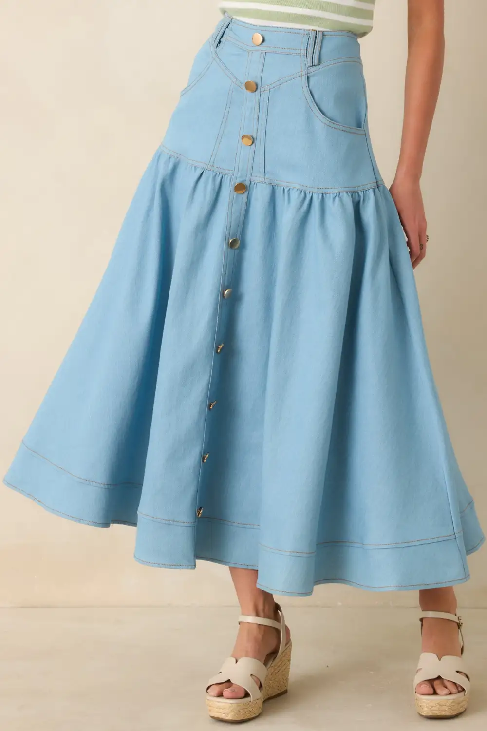Country Light Wash Denim Button-Down Maxi Skirt