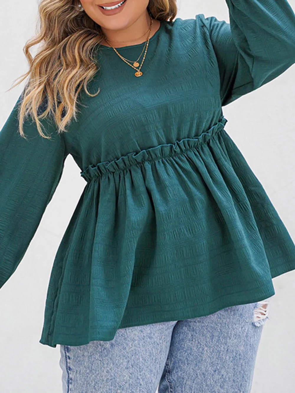 Women Waist Hugging Puff Sleeves V Neck Long Sleeved Shirt Top