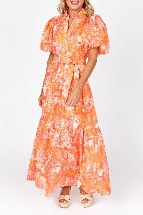 Orange Puff Sleeve Tie-Waist Midi Dress
