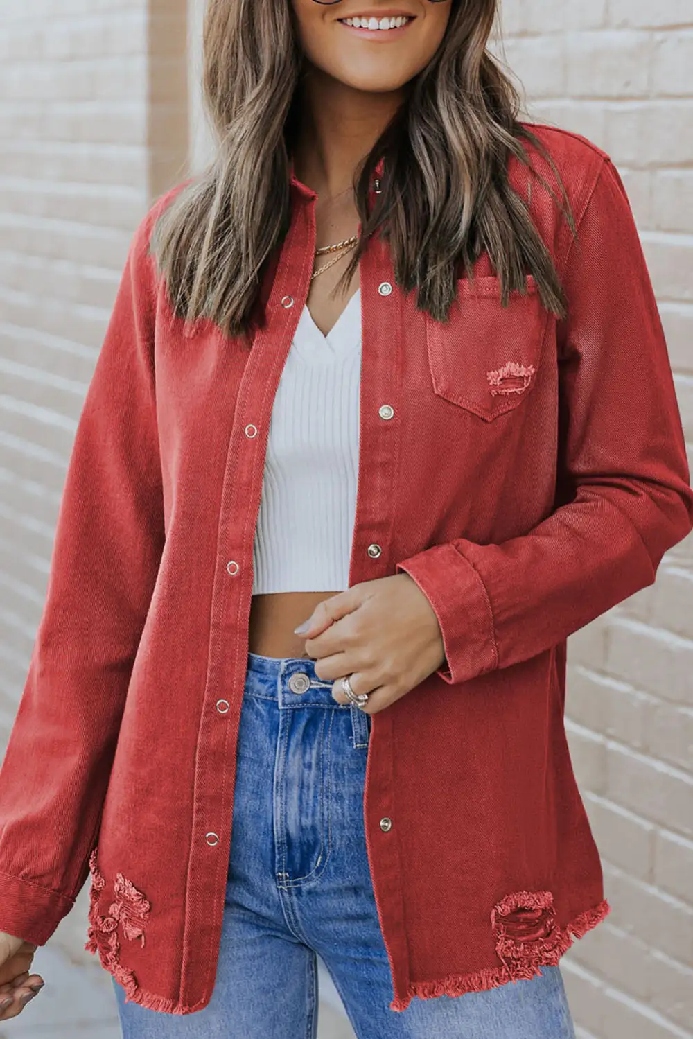 Distressed Raw-hem Snap-front Denim Jacket