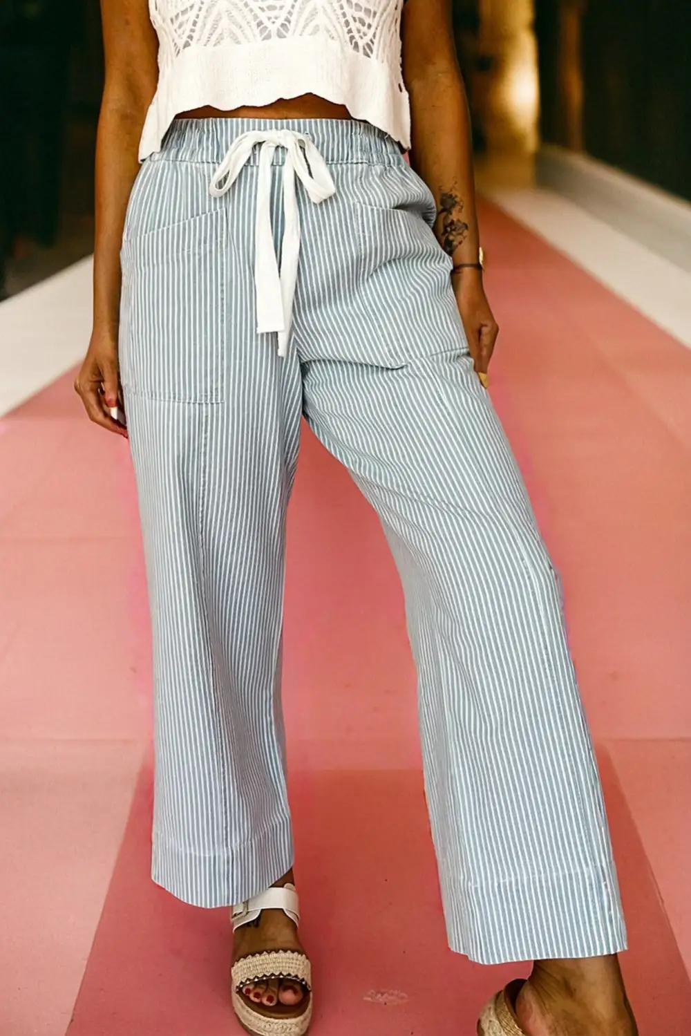 Stripe Mid Rise Drawstring Waist Jeans