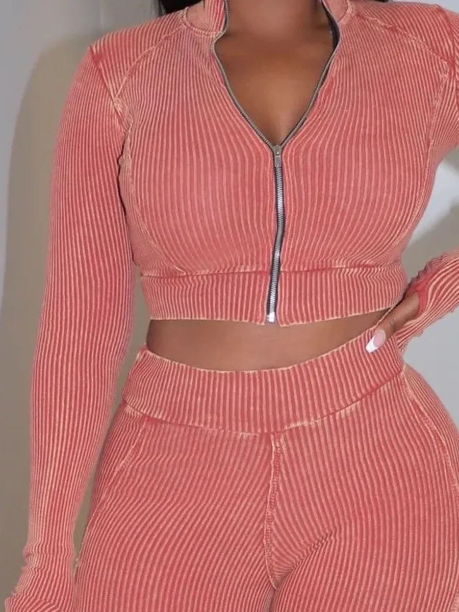 Rib Tight Zipper Top And Pants Set