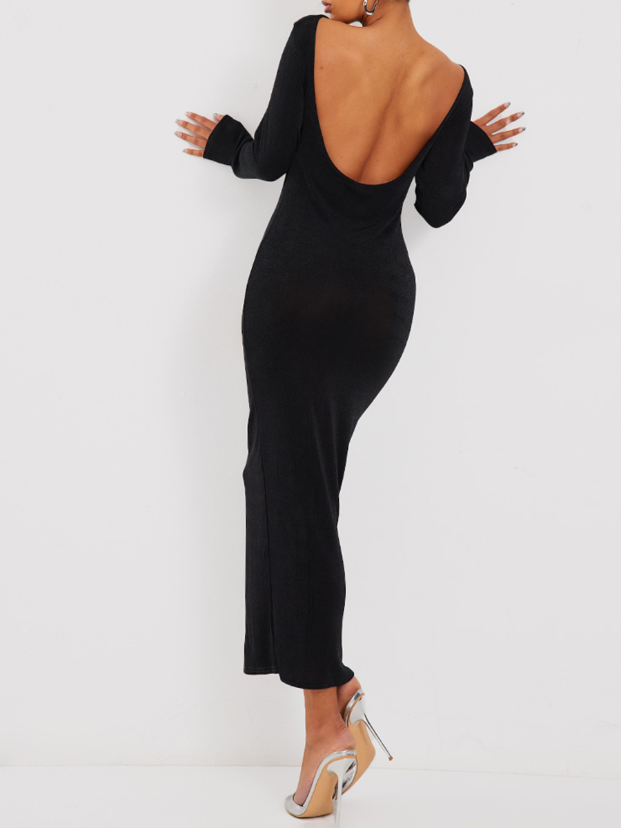 Black Acetate Slinky Long Sleeve Slash Neck Open Back Maxi Dress