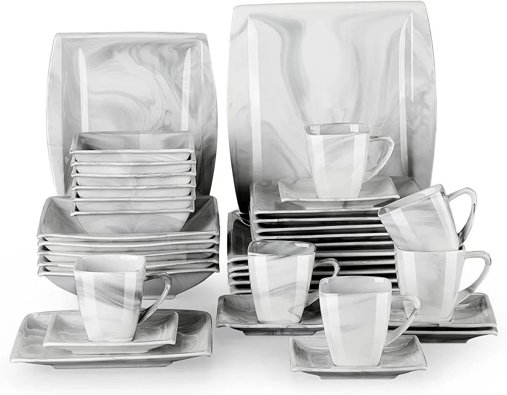 MALACASA Dish Set for 12, 60 Piece Marble Grey Square Dinnerware Sets, Porcelain Dinner Set with Plates and Bowls Sets, Cups and Saucers, Dishware Sets Kitchen Dishes Microwave Safe, Series Blance