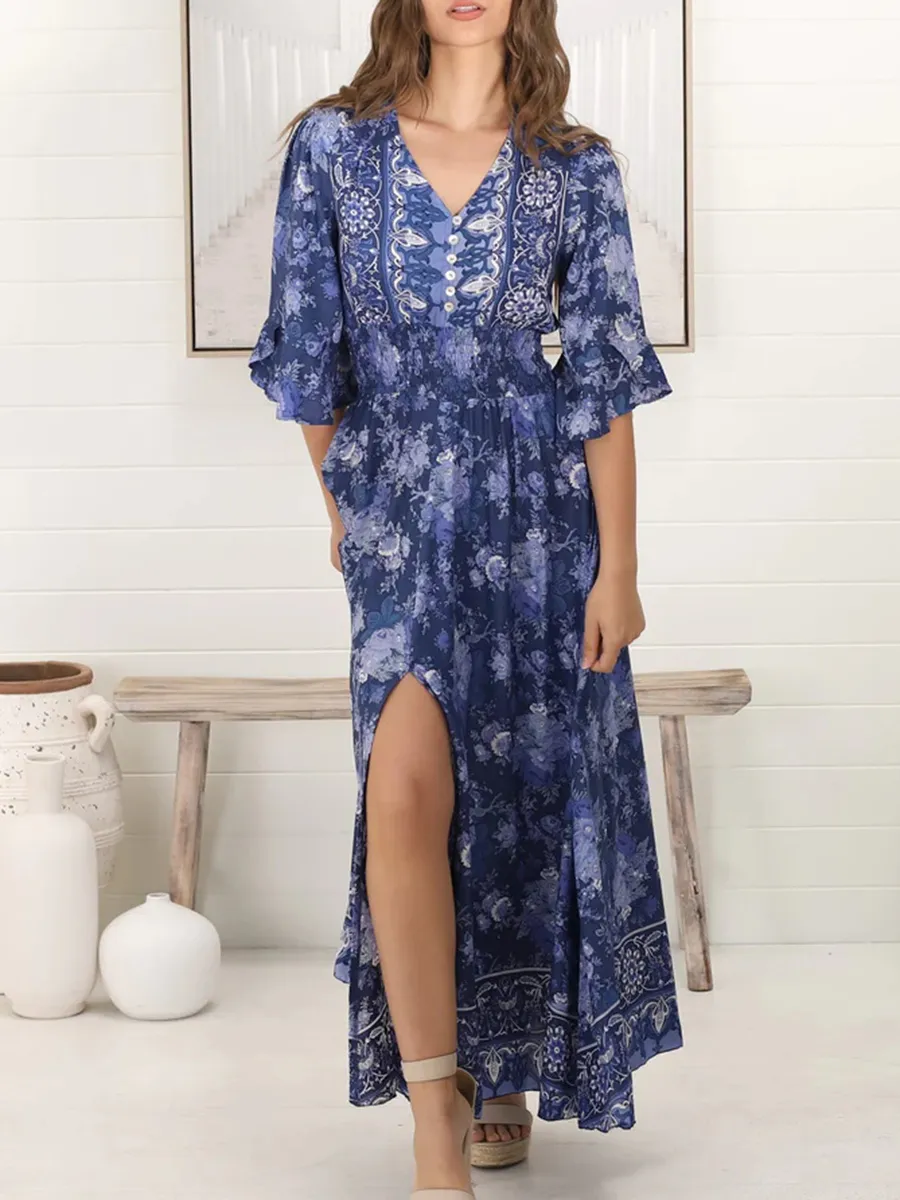 Short sleeve Bohemian slit print maxi dress