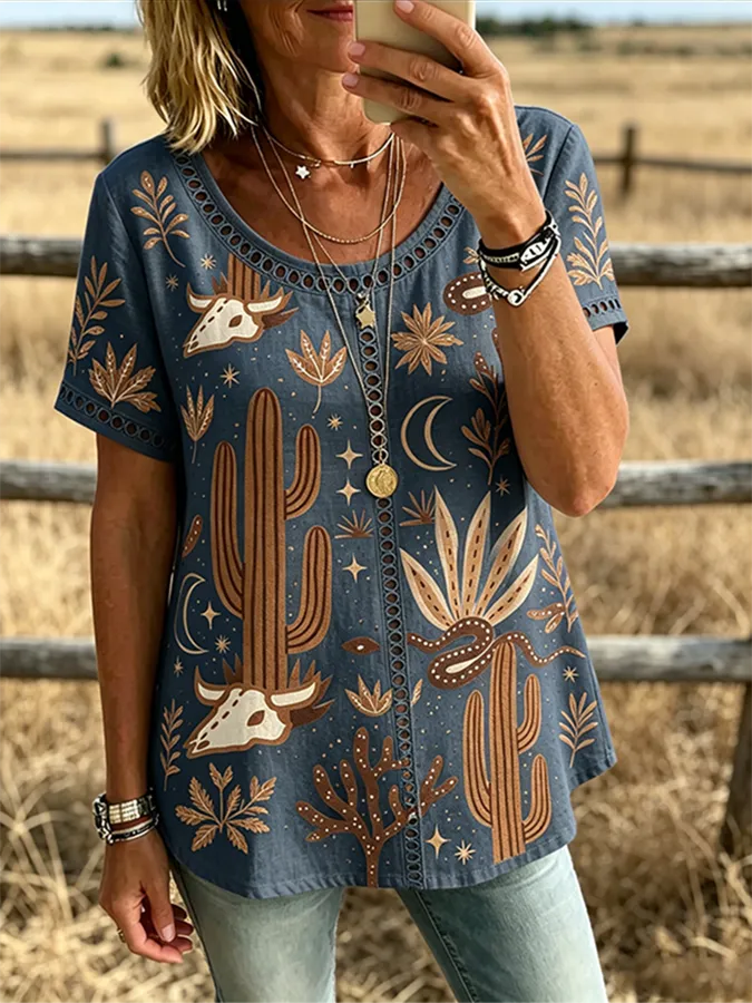 Women's Western Cactus Bull Skull Print Trim Short Sleeve Casual Top