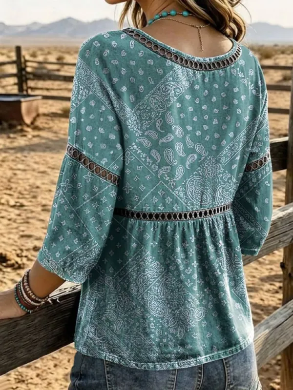 Women's Paisley Print Casual Hollow Denim Shirt