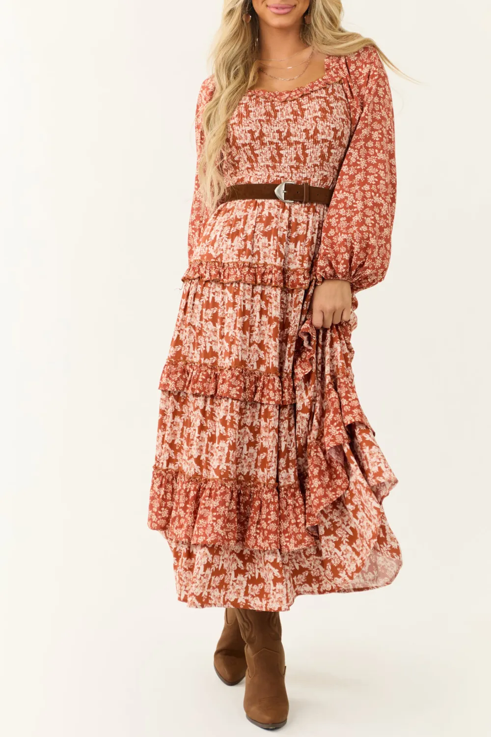 Rust Floral Print Tiered Ruffle Maxi Dress