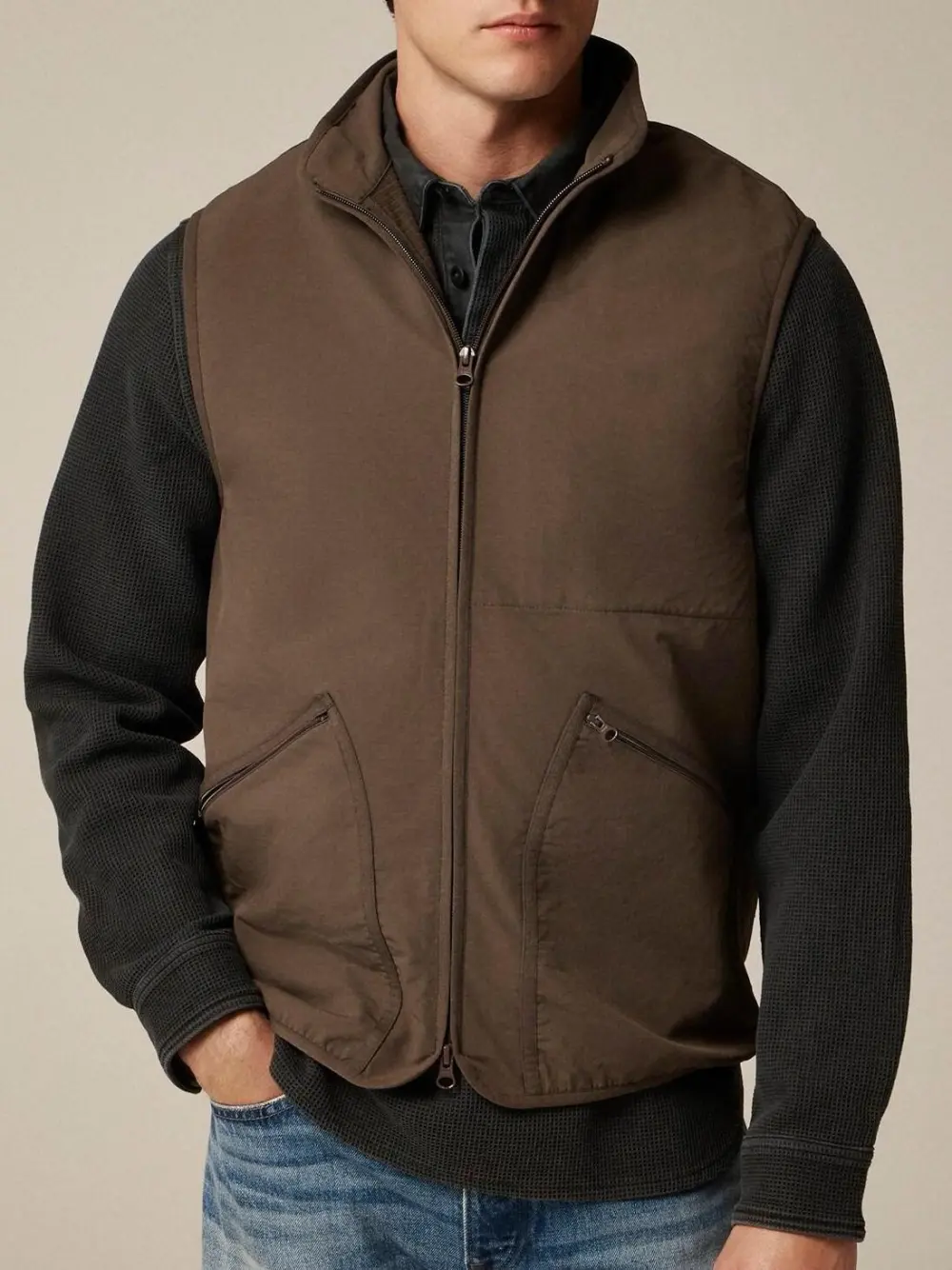 Brown Zip Front Hybrid Vest